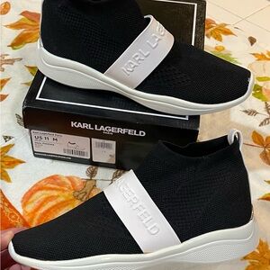 Karl Lagerfeld Black Slip-On Sneakers with White Band